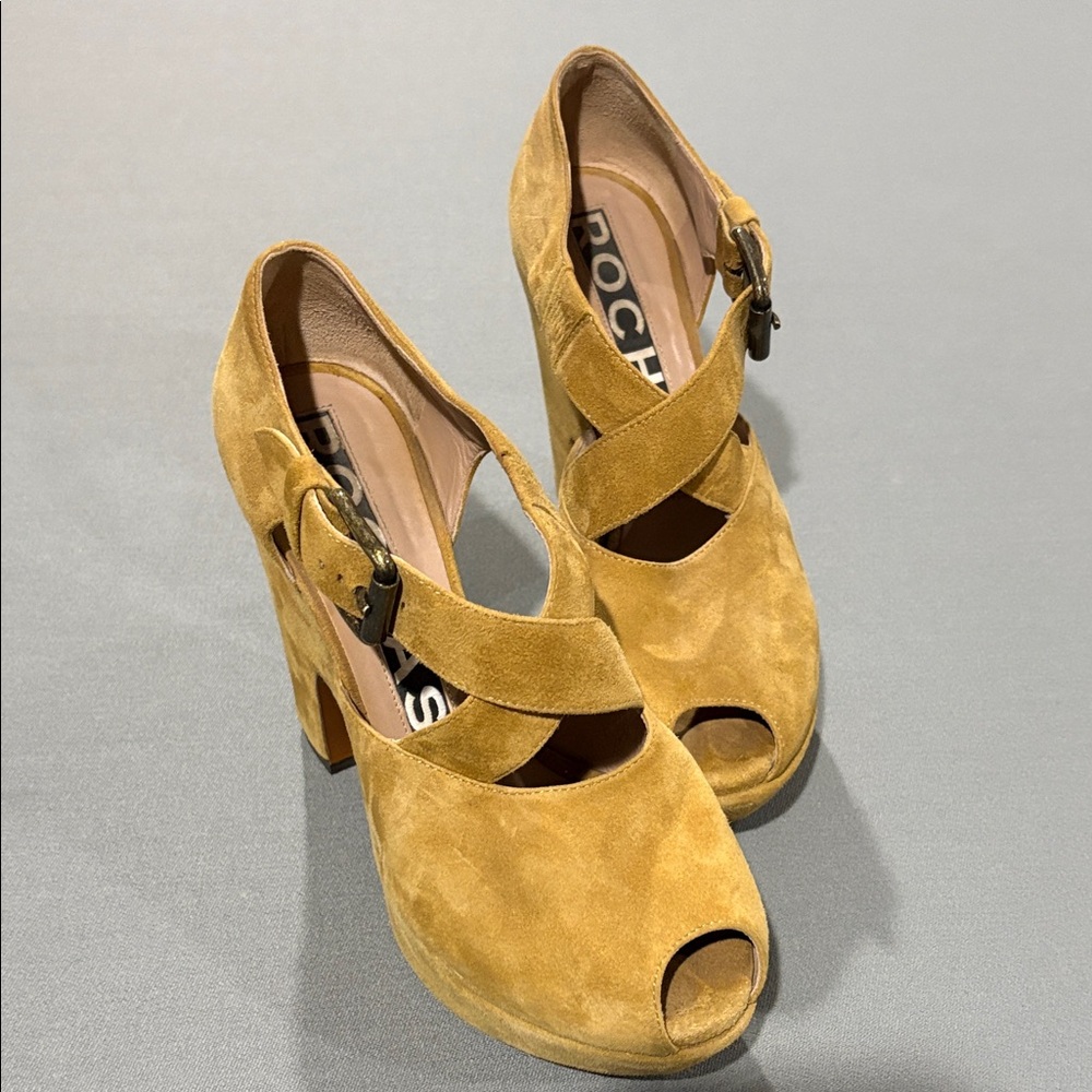 Rochas Tan Suede Peep Toe Heels